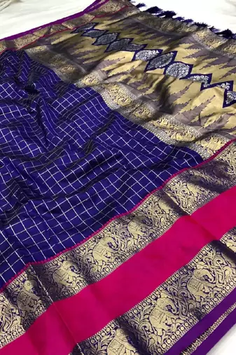 Royal Blue Woven Faux Kanchipuram Zari Silk saree With Blouse Piece