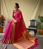 Pink Woven Bandhej Bandhani saree Bandhej With Blouse Piece