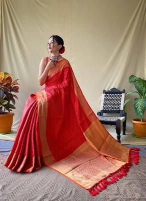 Red Woven Bandhej Bandhani saree Bandhej With Blouse Piece 1