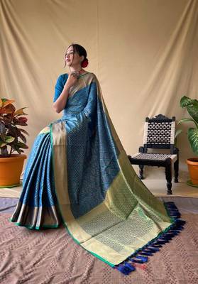 Teal Woven Bandhej Bandhani saree Bandhej With Blouse Piece 1