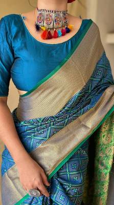 Teal Woven Bandhej Bandhani saree Bandhej With Blouse Piece 3