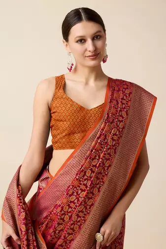 Dark Pink Woven Patola Silk Blend Saree With Blouse Piece