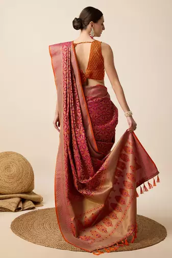 Dark Pink Woven Patola Silk Blend Saree With Blouse Piece