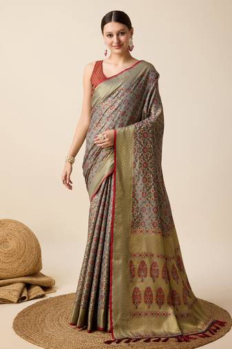 Grey Woven Patola Silk Blend Saree With Blouse Piece