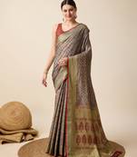 Grey Woven Patola Silk Blend Saree With Blouse Piece