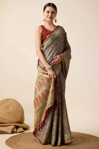 Grey Woven Patola Silk Blend Saree With Blouse Piece