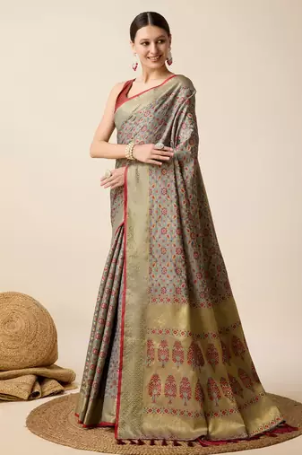 Grey Woven Patola Silk Blend Saree With Blouse Piece