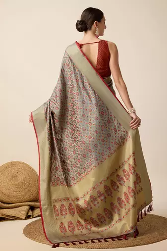 Grey Woven Patola Silk Blend Saree With Blouse Piece