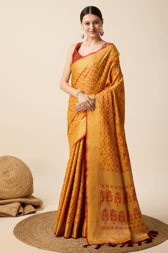 Mustard Woven Patola Silk Blend Saree With Blouse Piece