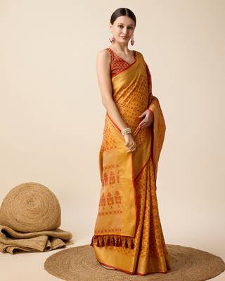 Mustard Woven Patola Silk Blend Saree With Blouse Piece 2