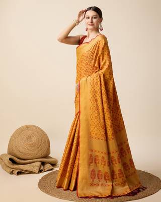 Mustard Woven Patola Silk Blend Saree With Blouse Piece 3