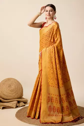 Mustard Woven Patola Silk Blend Saree With Blouse Piece