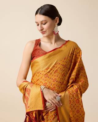 Mustard Woven Patola Silk Blend Saree With Blouse Piece 4