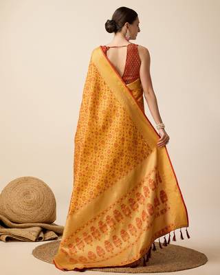 Mustard Woven Patola Silk Blend Saree With Blouse Piece 5