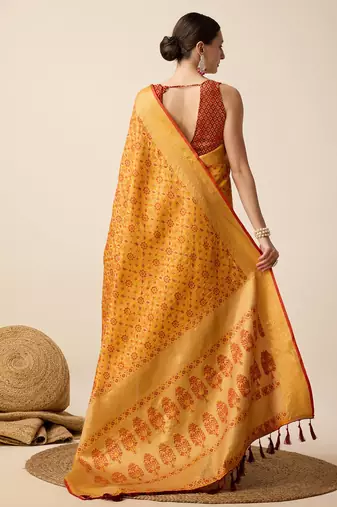 Mustard Woven Patola Silk Blend Saree With Blouse Piece
