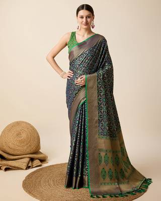 Navy Blue Woven Patola Silk Blend Saree With Blouse Piece 1