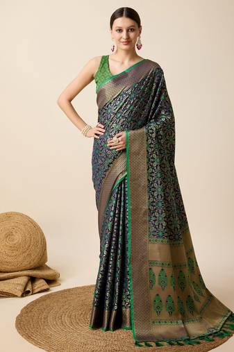 Navy Blue Woven Patola Silk Blend Saree With Blouse Piece