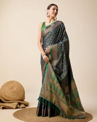 Navy Blue Woven Patola Silk Blend Saree With Blouse Piece 2