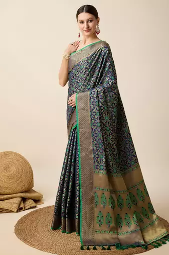 Navy Blue Woven Patola Silk Blend Saree With Blouse Piece
