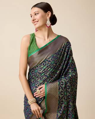 Navy Blue Woven Patola Silk Blend Saree With Blouse Piece 4