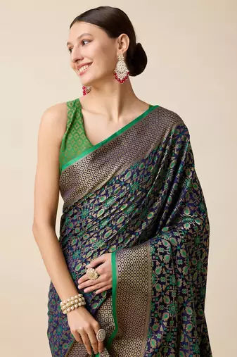 Navy Blue Woven Patola Silk Blend Saree With Blouse Piece
