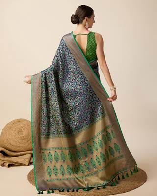 Navy Blue Woven Patola Silk Blend Saree With Blouse Piece 5