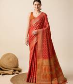 Red Woven Patola Silk Blend Saree With Blouse Piece