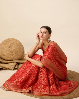 Red Woven Patola Silk Blend Saree With Blouse Piece 2