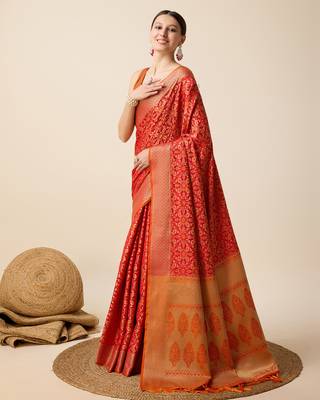 Red Woven Patola Silk Blend Saree With Blouse Piece 3