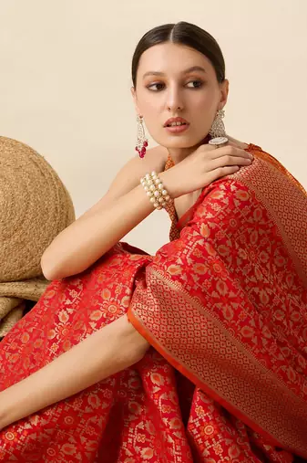 Red Woven Patola Silk Blend Saree With Blouse Piece