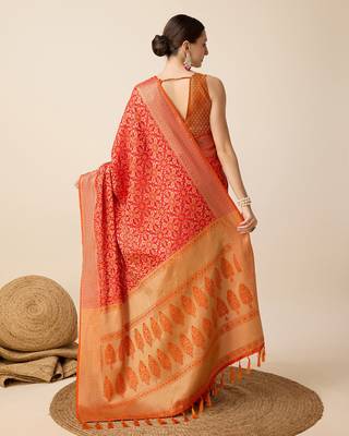 Red Woven Patola Silk Blend Saree With Blouse Piece 5