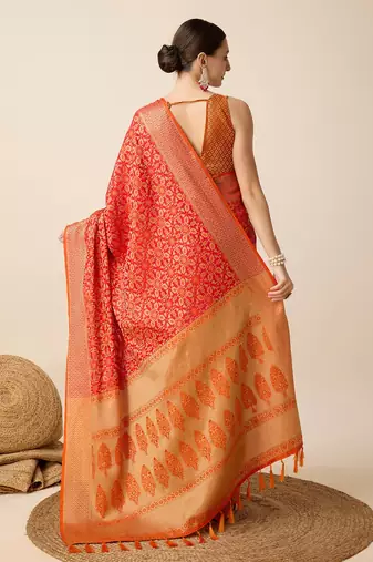 Red Woven Patola Silk Blend Saree With Blouse Piece