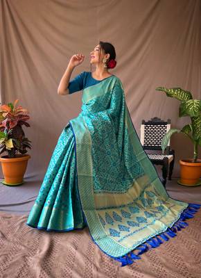 Aqua Blue Woven Patola Silk Blend Saree With Blouse Piece 1