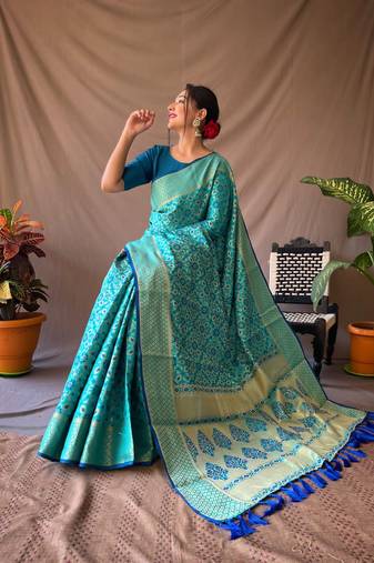 Aqua Blue Woven Patola Silk Blend Saree With Blouse Piece