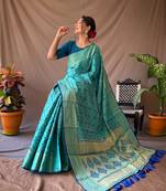 Aqua Blue Woven Patola Silk Blend Saree With Blouse Piece