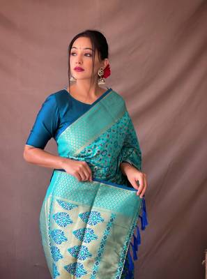 Aqua Blue Woven Patola Silk Blend Saree With Blouse Piece 2
