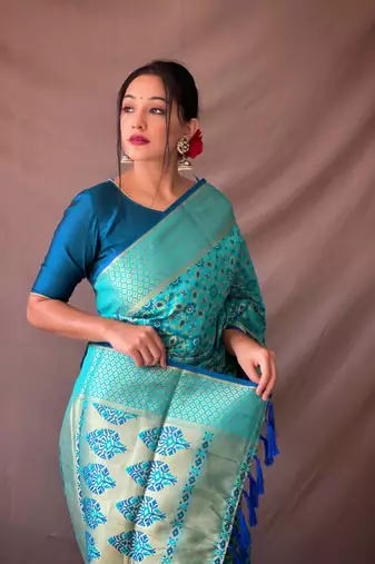 Aqua Blue Woven Patola Silk Blend Saree With Blouse Piece