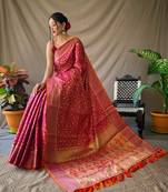 Dark Pink Woven Patola Silk Blend Saree With Blouse Piece