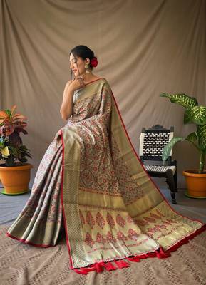 Grey Woven Patola Silk Blend Saree With Blouse Piece 1