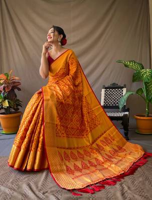 Mustard Woven Patola Silk Blend Saree With Blouse Piece 1