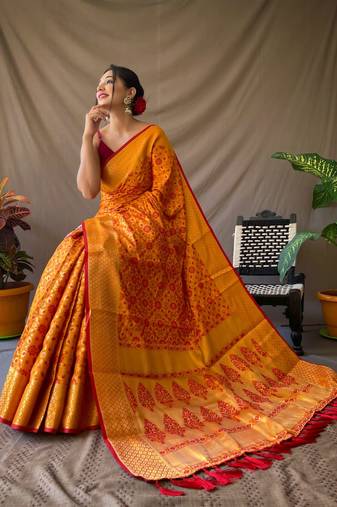 Mustard Woven Patola Silk Blend Saree With Blouse Piece