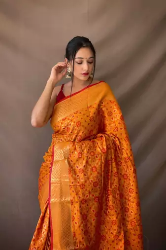 Mustard Woven Patola Silk Blend Saree With Blouse Piece