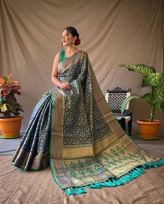 Navy Blue Woven Patola Silk Blend Saree With Blouse Piece 1