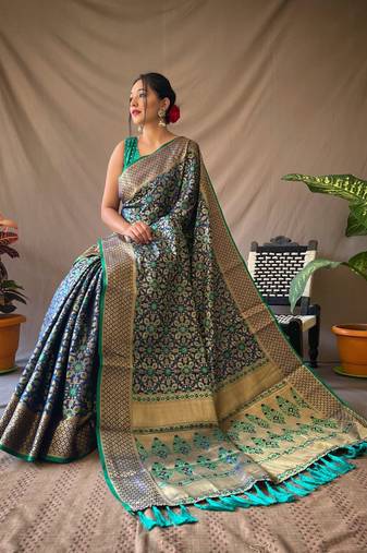 Navy Blue Woven Patola Silk Blend Saree With Blouse Piece