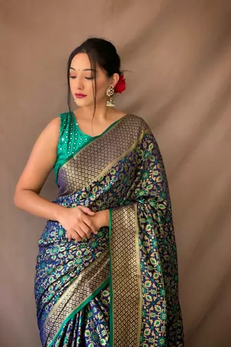 Navy Blue Woven Patola Silk Blend Saree With Blouse Piece