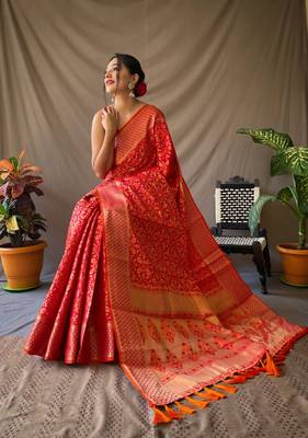 Red Woven Patola Silk Blend Saree With Blouse Piece 1
