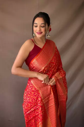 Red Woven Patola Silk Blend Saree With Blouse Piece