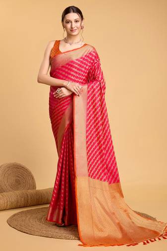 Dark Pink Woven Faux Kanchipuram Zari Silk saree With Blouse Piece