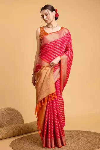 Dark Pink Woven Faux Kanchipuram Zari Silk saree With Blouse Piece