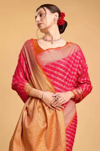 Dark Pink Woven Faux Kanchipuram Zari Silk saree With Blouse Piece